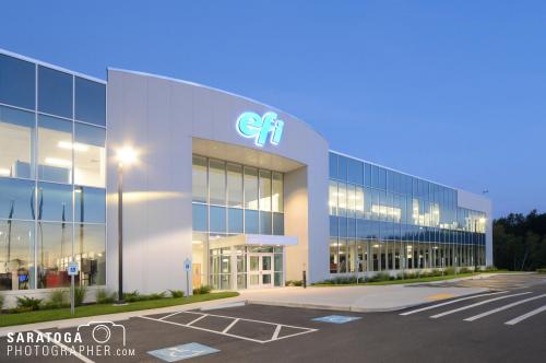 Exterior facade at dusk efi manufacturing plant and office building mancester NH