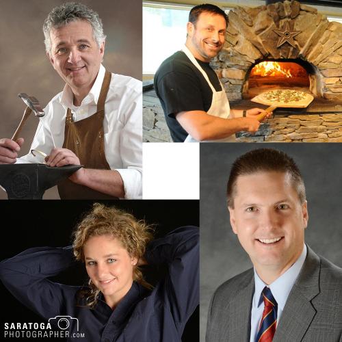 Collection of four portraits including man in suit woman smiling pizza chef and metalsmith