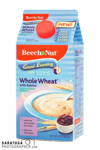 Beechnut baby food carton of whole wheat with raisins quart size on white background